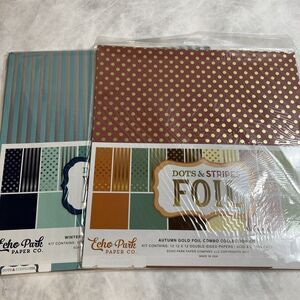 2 Echo Park 12 x 12 Paper Pack Dots And Stripes Foil Autumn Gold Winter Silver